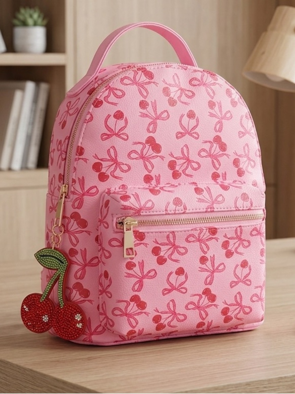New Cherry Pink Mini Backpack Purse NWT With Cherry Rhinestone Bag Charm - Picture 1 of 5